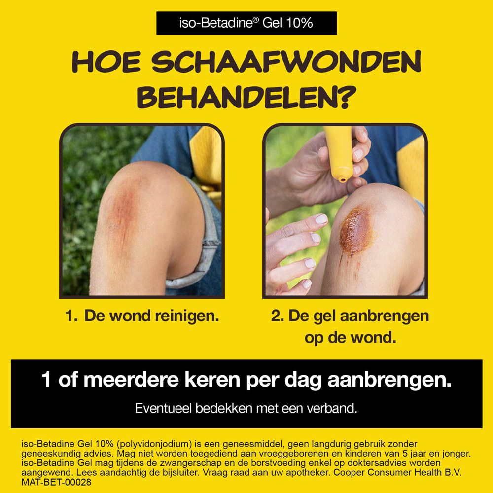 Reclamebeeld met gel tube en tekst: Hoe schaafwonden behandelen? Beelden van knie verwondingen.
