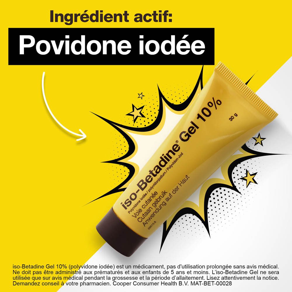 Image publicitaire avec tube de gel et texte : Ingrédient actif : Povidone iodée.