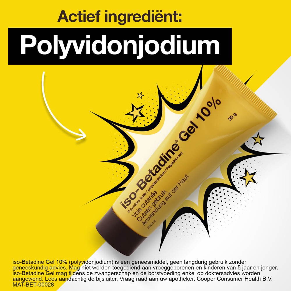 Reclamebeeld met gel tube en tekst: Actief ingrediënt: Povidonjodium.
