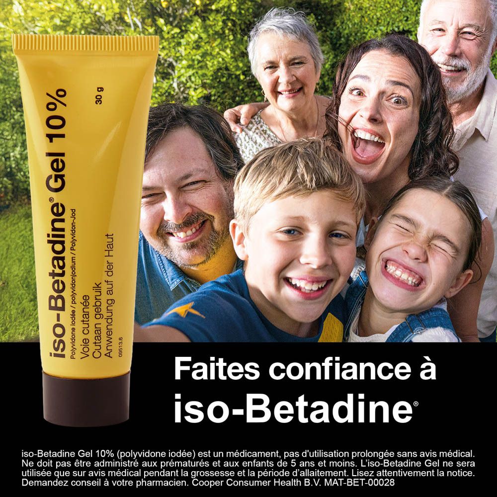 Image publicitaire avec tube de gel et texte : Faites confiance à iso-Betadine.