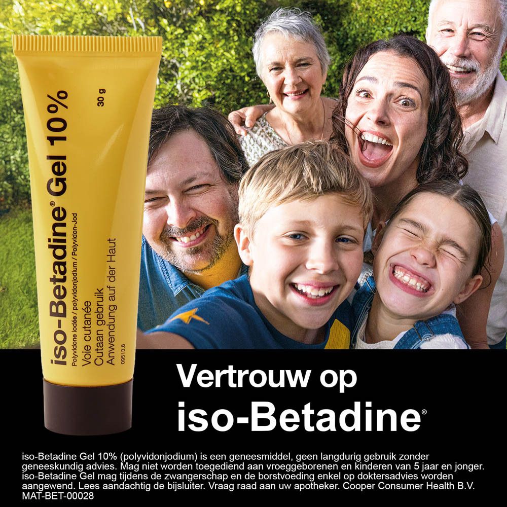 Reclamebeeld met gel tube en tekst: Vertrouw op iso-Betadine.