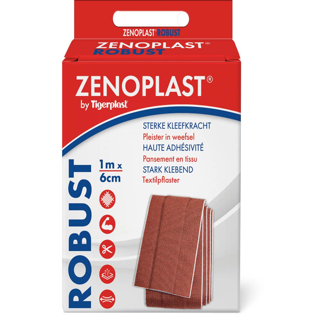 Emballage de Zenoplast Robust, 6 cm x 1 m. Pansement rouge, texte: Robust, Tigerplast.