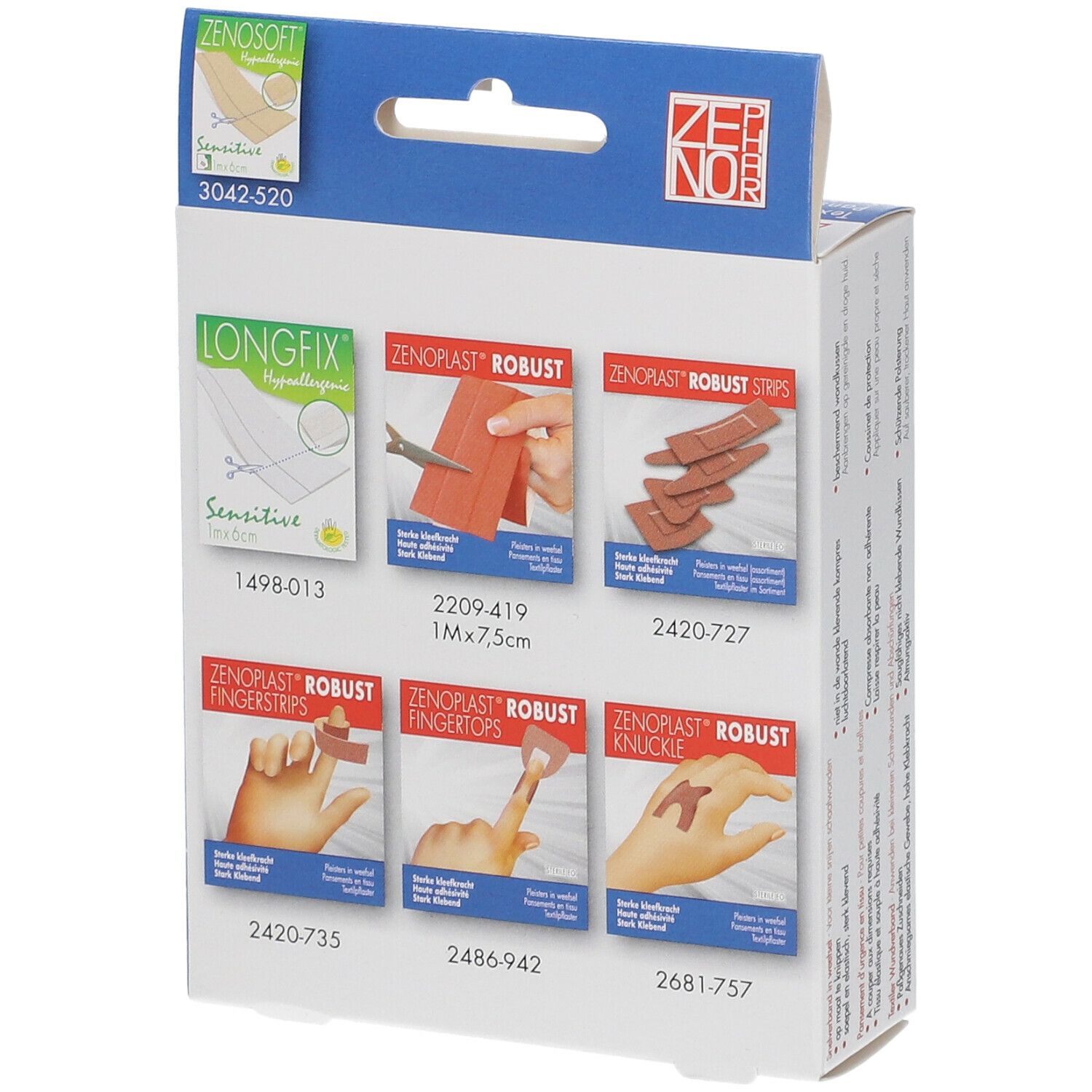 Dos de l'emballage de Zenoplast. Plusieurs illustrations de produits, dont Zenoplast Robust et Longfix Sensitive.