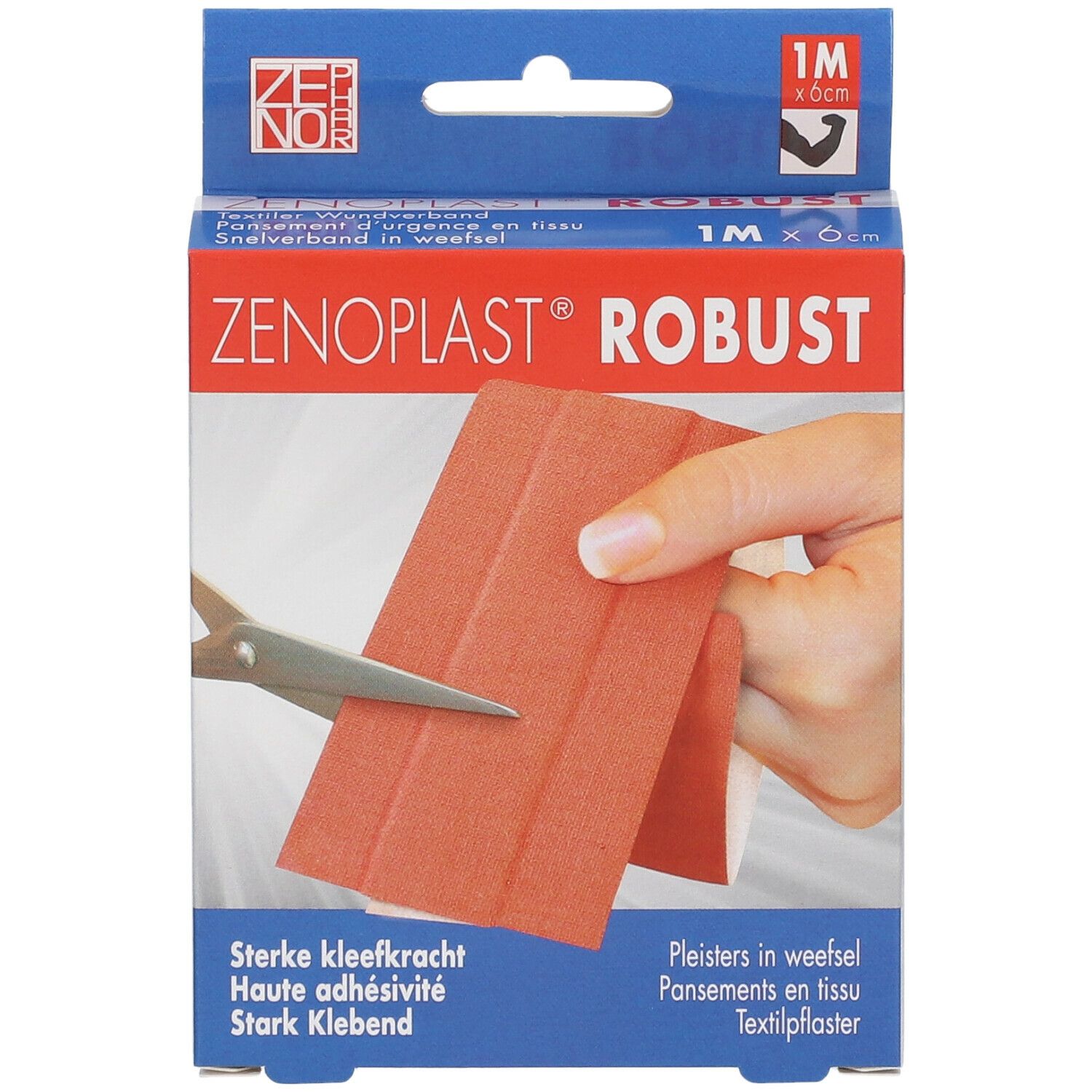 Emballage de Zenoplast Robust, 6 cm x 1 m. Pansement rouge coupé avec des ciseaux. Texte sur l'emballage.