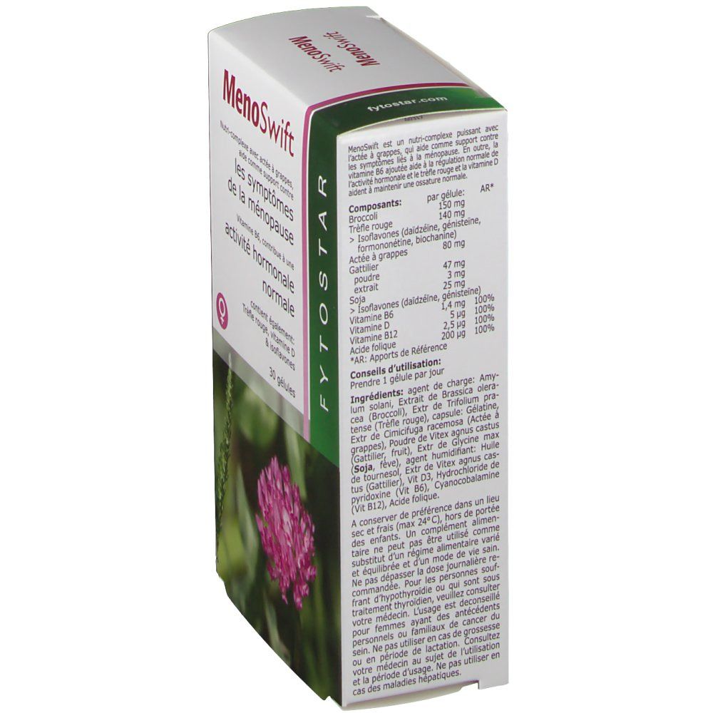 Produktverpackung, Rückseite mit Inhaltsstoffen und Anwendungshinweisen. Kleeblume im Hintergrund.
