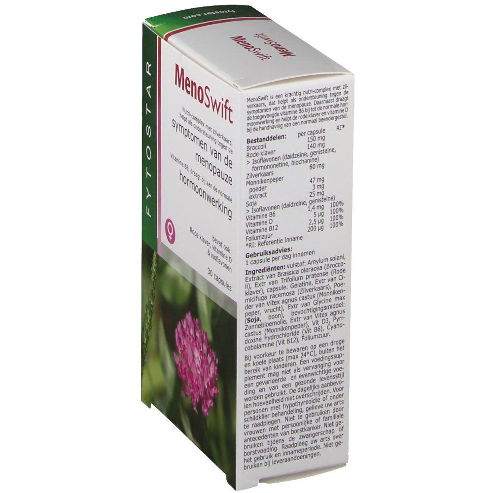 Produktverpackung, Rückseite mit Inhaltsstoffen und Anwendungshinweisen. Kleeblume im Vordergrund.