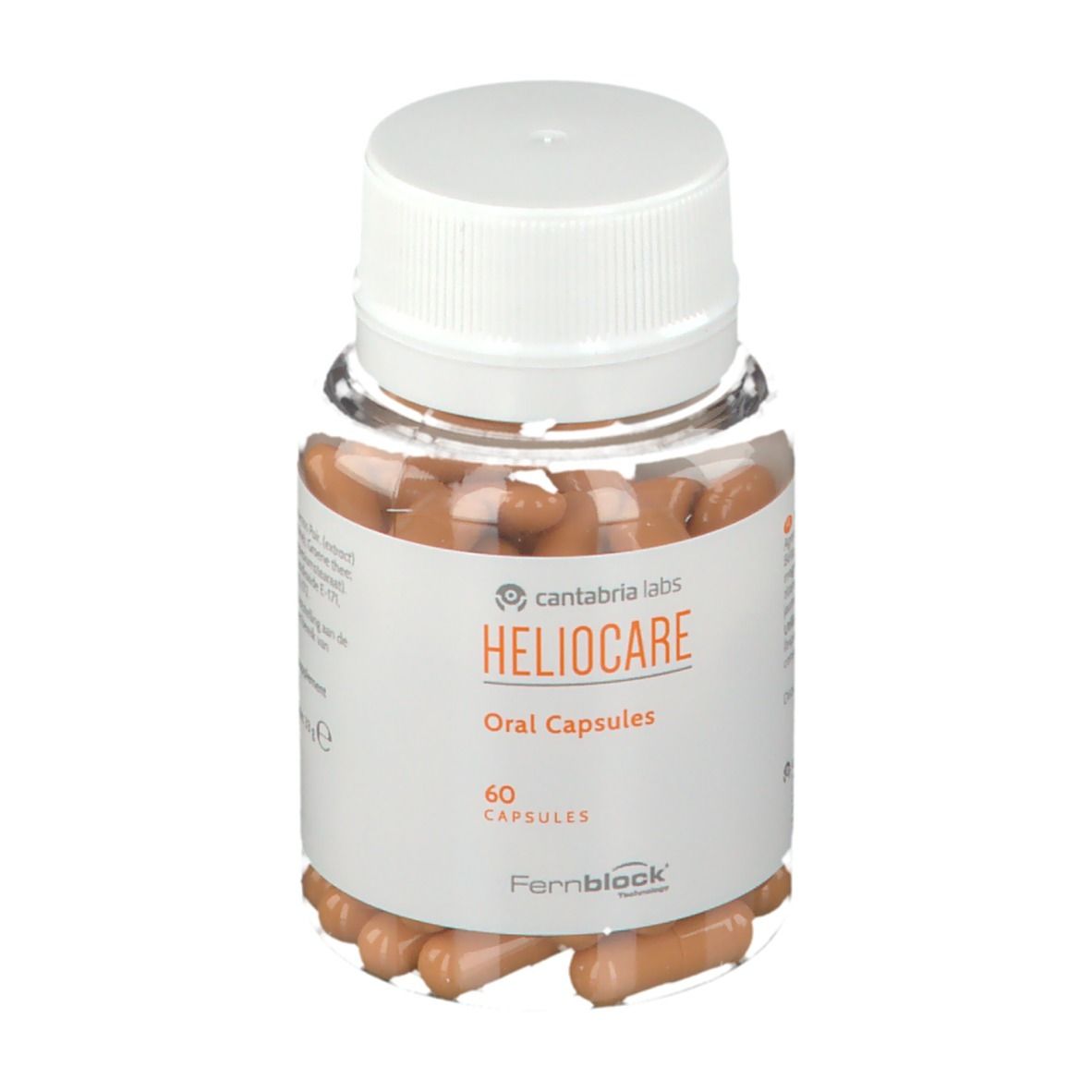 Flacon transparent avec gélules brunes. Étiquette "HELIOCARE Oral Capsules" et "60 Capsules". Bouchon blanc.