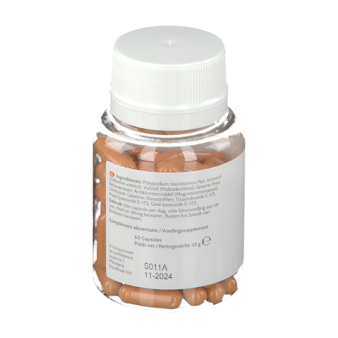 Flacon avec gélules brunes. Étiquette avec ingrédients, informations nutritionnelles et date de péremption. Bouchon blanc.