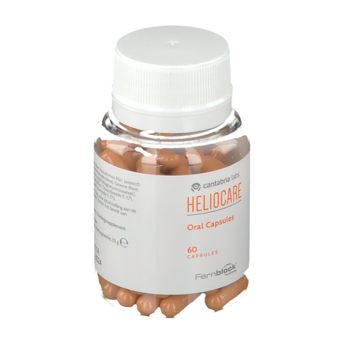 Flacon avec gélules brunes. Étiquette "HELIOCARE Oral Capsules" et "60 Capsules". Bouchon blanc.