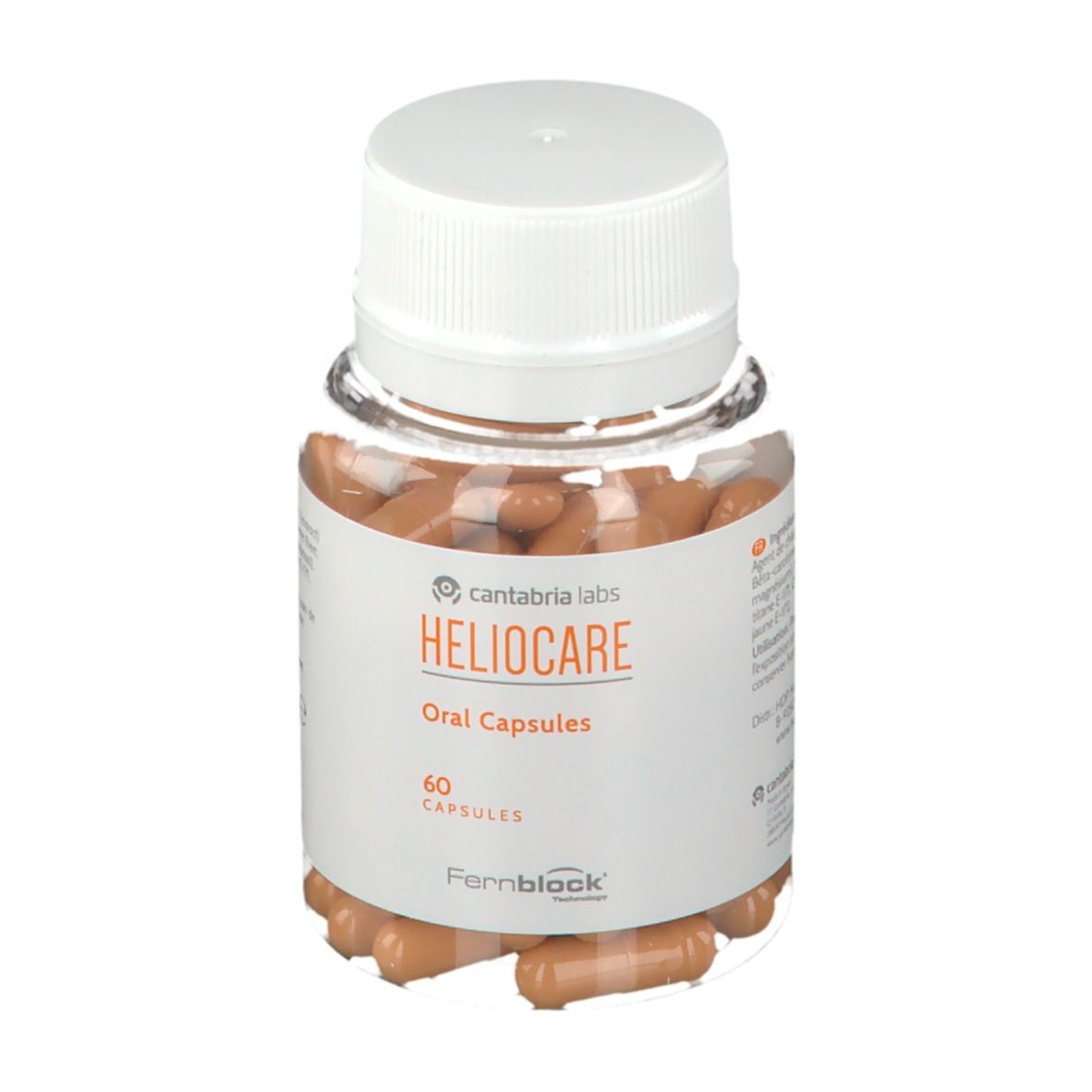 Flacon avec gélules brunes. Étiquette "HELIOCARE Oral Capsules" et "60 Capsules". Bouchon blanc.