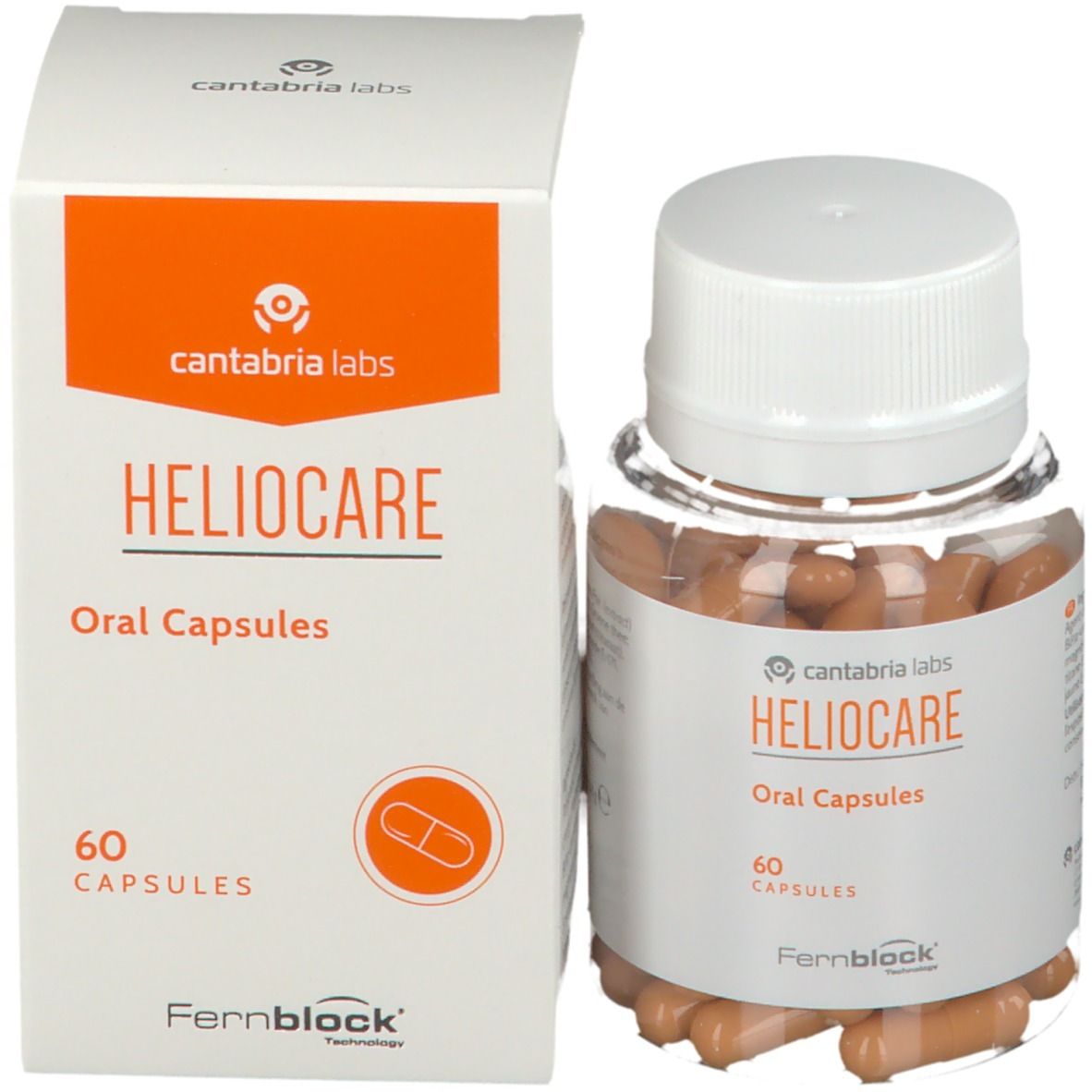 Emballage produit avec flacon et boîte. Flacon avec gélules, boîte "HELIOCARE Oral Capsules".