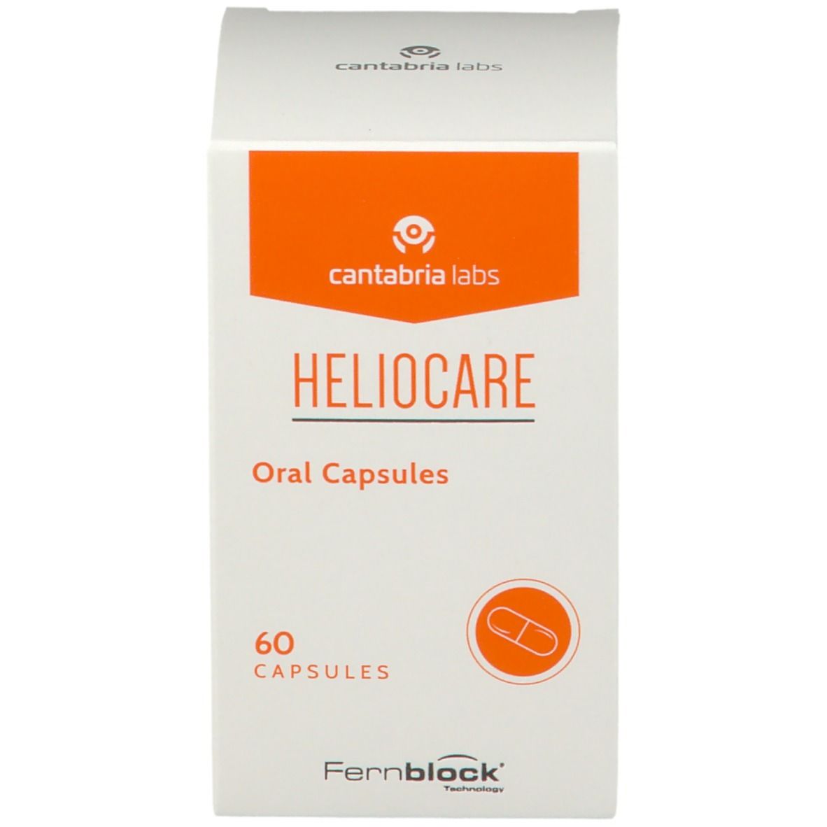 Boîte blanche avec "HELIOCARE Oral Capsules" et "60 Capsules". Logo orange.