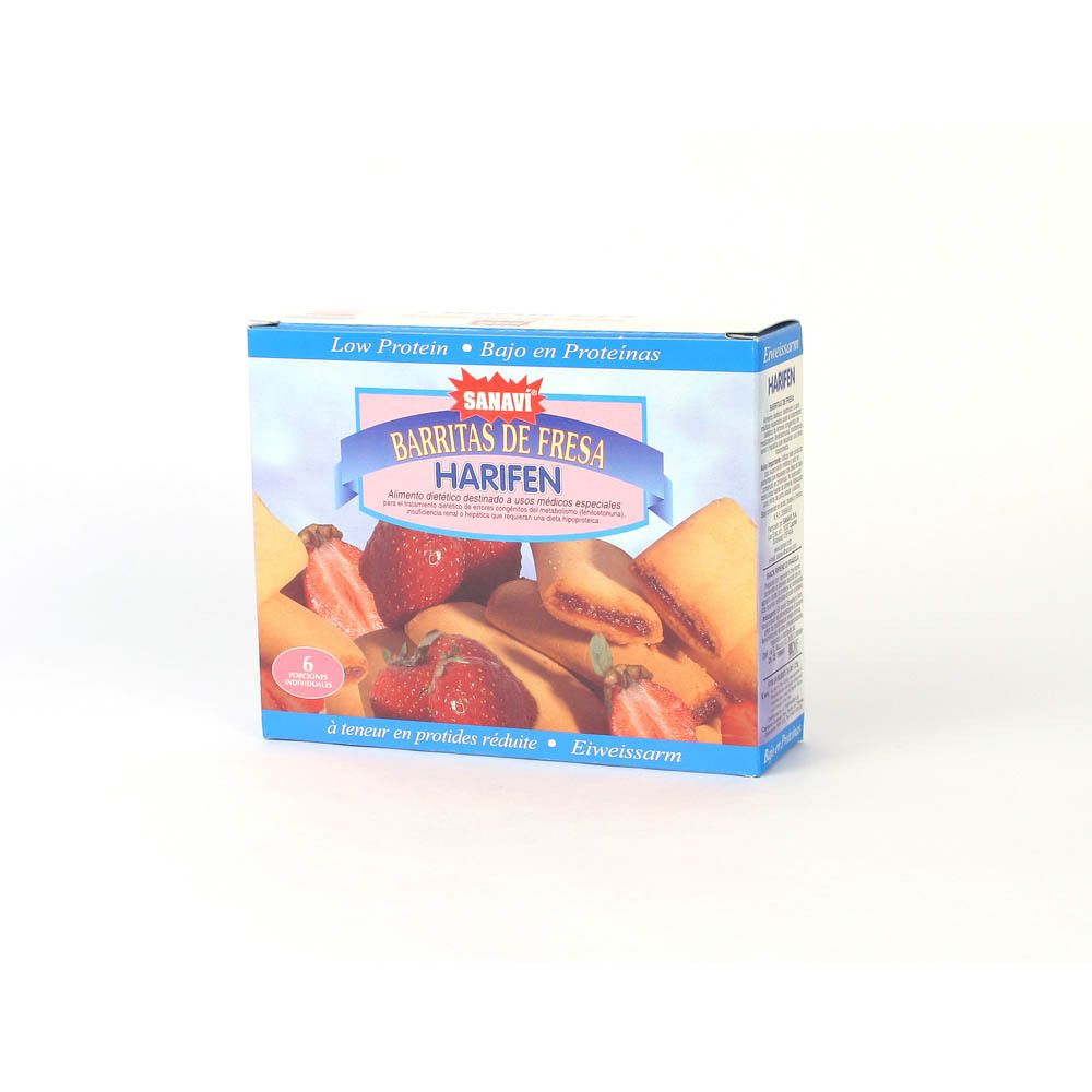 Boîte de biscuits Harifen, Sanavi, saveur fraise. Contient 6 portions individuelles. Faible teneur en protéines.