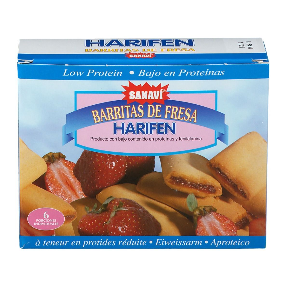 Boîte de biscuits Harifen, Sanavi, saveur fraise. Contient 6 portions individuelles. Faible teneur en protéines.