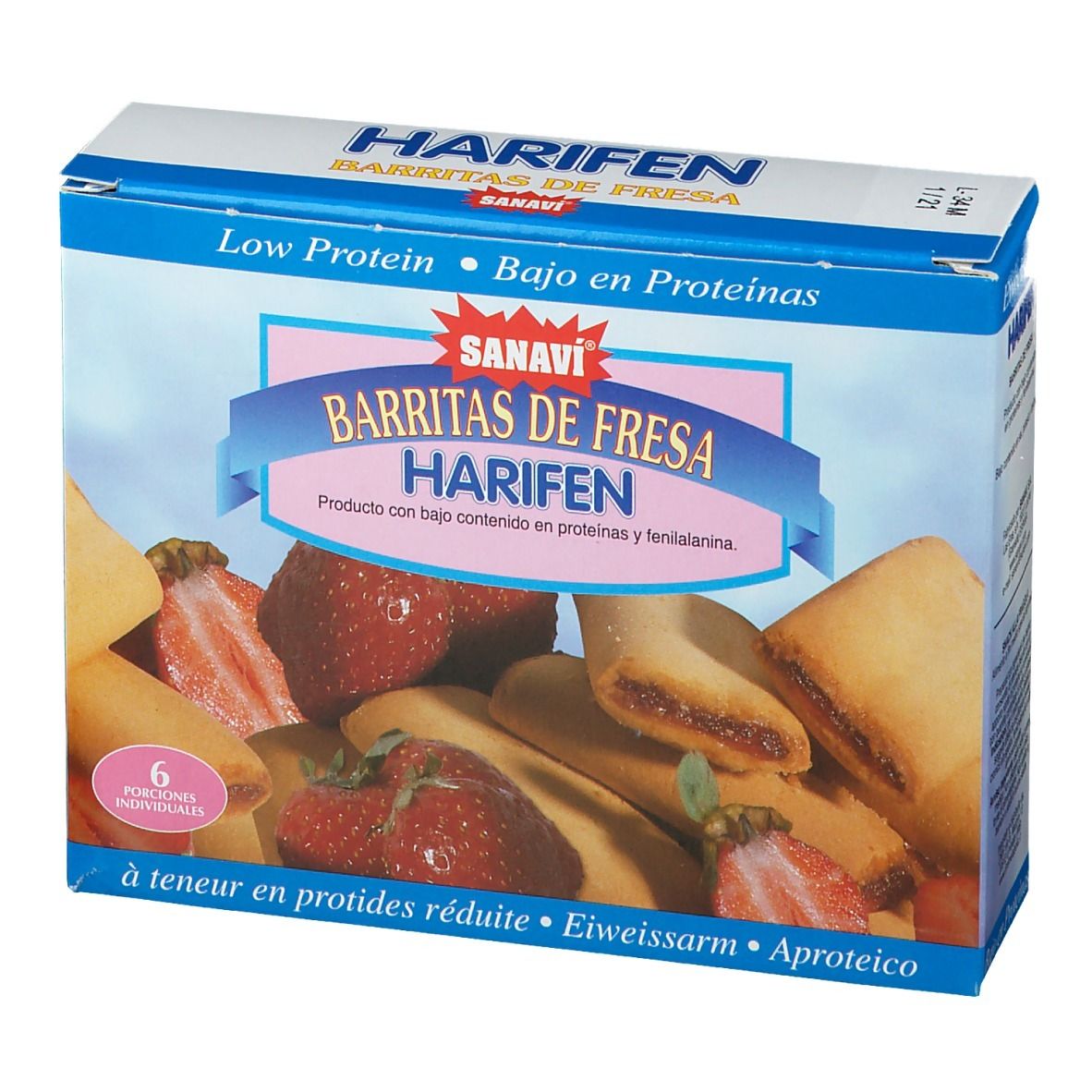 Boîte de biscuits Harifen, Sanavi, saveur fraise. Contient 6 portions individuelles. Faible teneur en protéines.