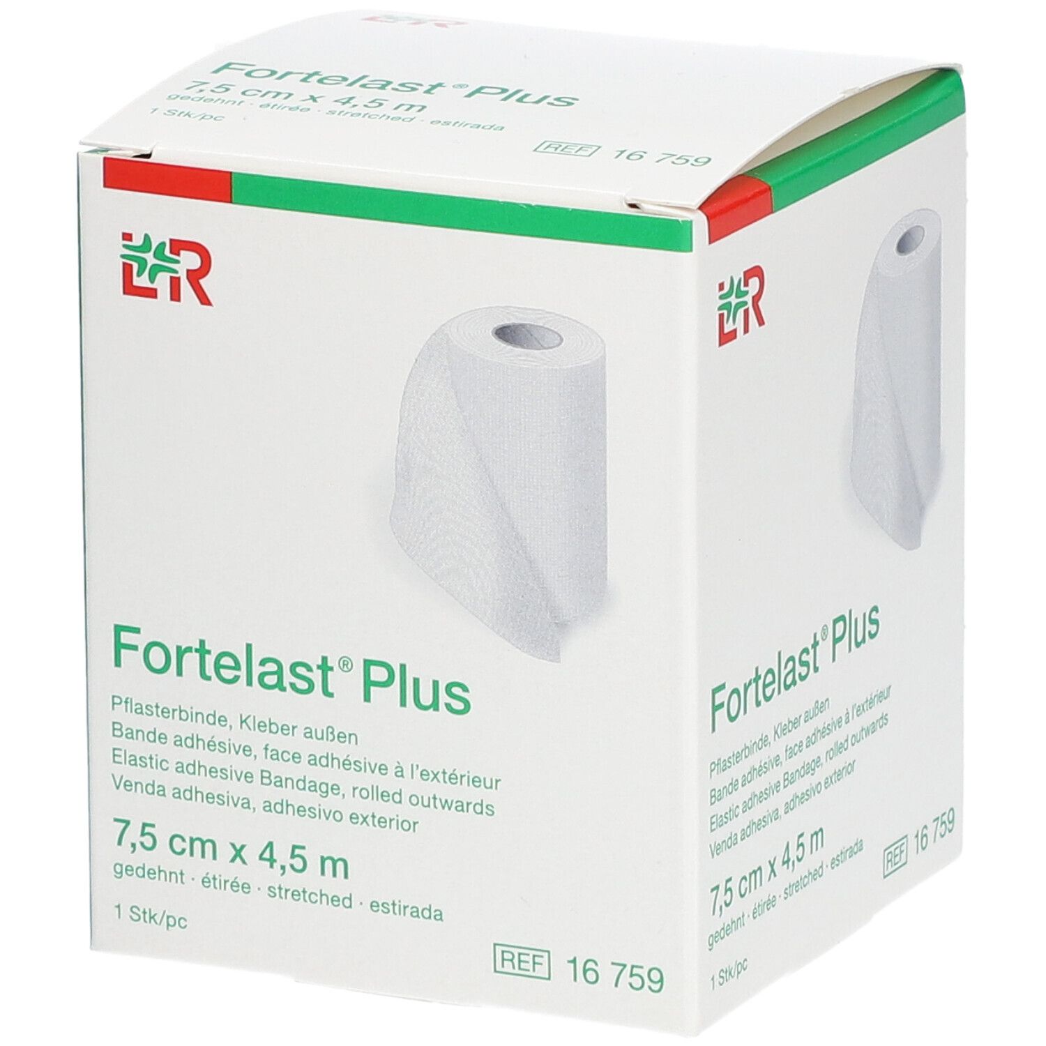 Verpackung von Fortelast® Plus, 7,5 cm x 4,5 m. Zeigt eine Rolle Verband. Aufschrift: 7,5 cm x 4,5 m, 1 Stk/pc.