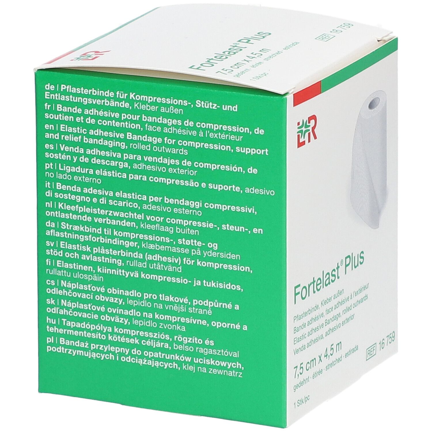Verpackung von Fortelast® Plus. Text in mehreren Sprachen. Zeigt eine Rolle Verband. Aufschrift: 7,5 cm x 4,5 m, 1 Stk/pc.