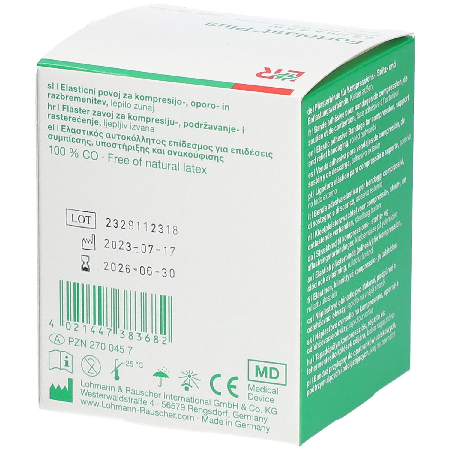 Rückseite der Verpackung von Fortelast® Plus. Enthält Informationen wie Chargennummer, Verfallsdatum, Herstelleradresse und CE-Kennzeichnung.