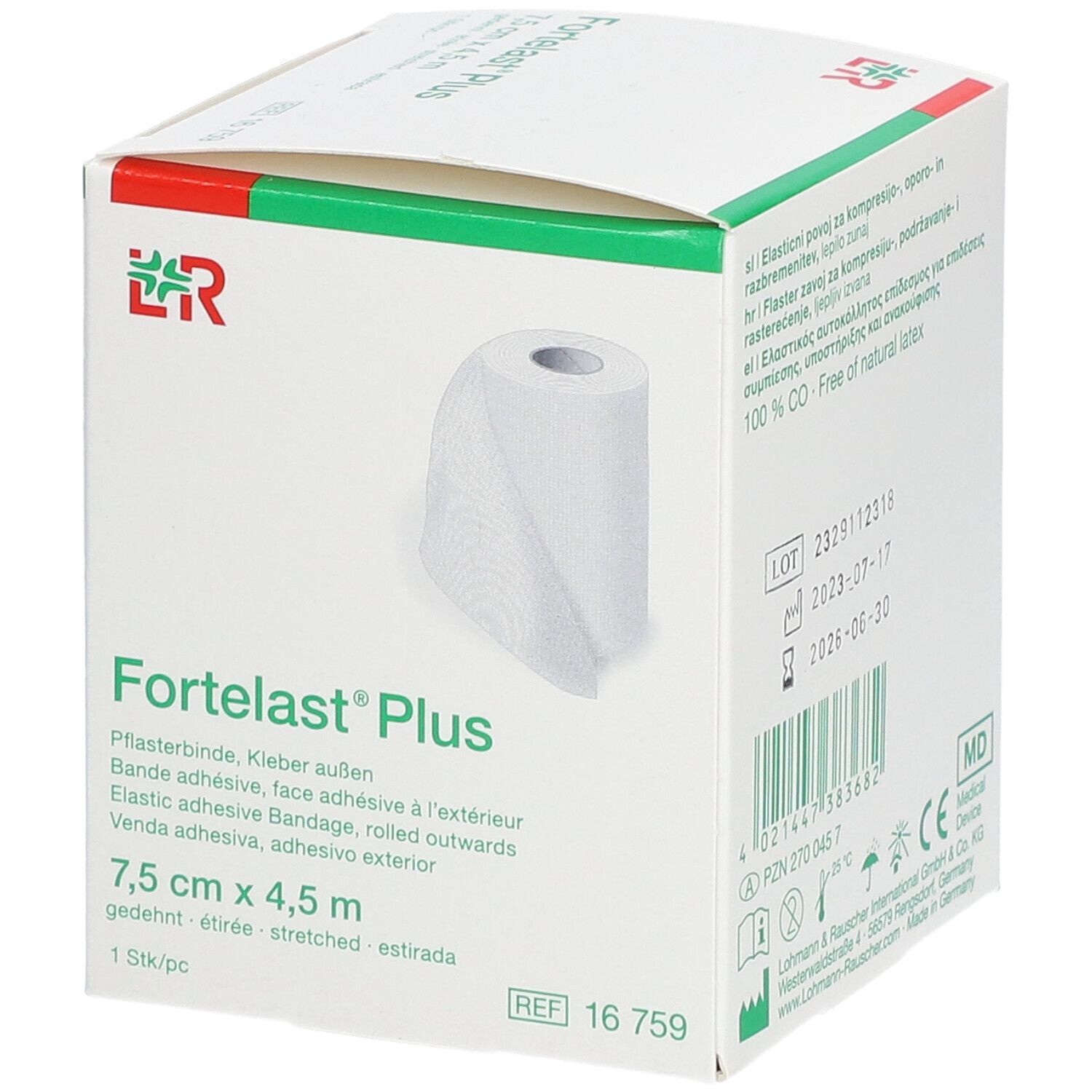 Verpackung von Fortelast® Plus, 7,5 cm x 4,5 m. Zeigt eine Rolle Verband. Aufschrift: 7,5 cm x 4,5 m, 1 Stk/pc.