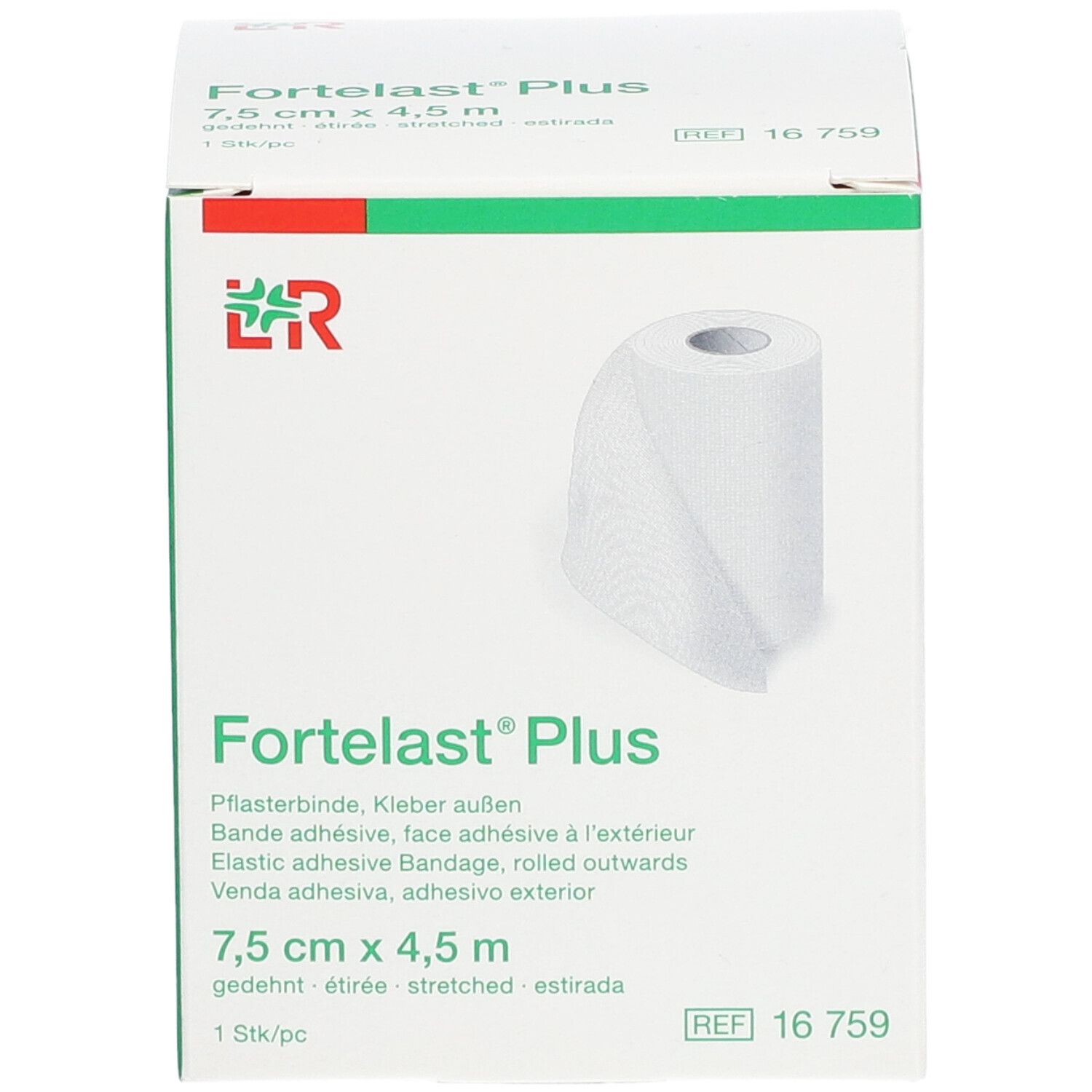 Verpackung von Fortelast® Plus, 7,5 cm x 4,5 m. Zeigt eine Rolle Verband. Aufschrift: 7,5 cm x 4,5 m, 1 Stk/pc.