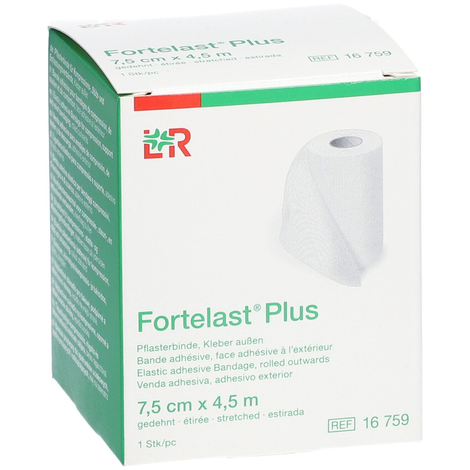 Verpackung von Fortelast® Plus, 7,5 cm x 4,5 m. Zeigt eine Rolle Verband. Aufschrift: 7,5 cm x 4,5 m, 1 Stk/pc.