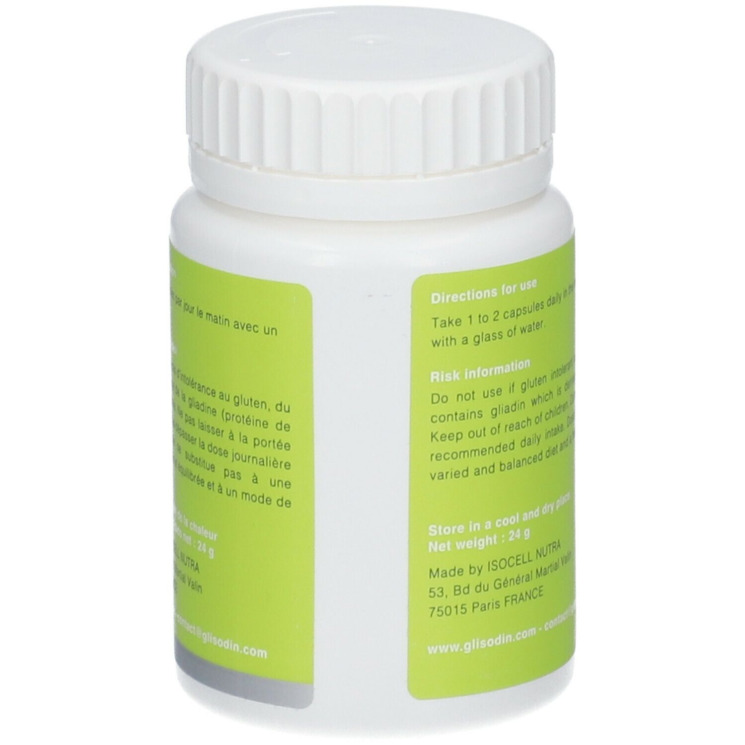 Achterkant witte GliSODin fles. Groene sticker met tekst. Bevat gebruiksinformatie en risicowaarschuwingen.