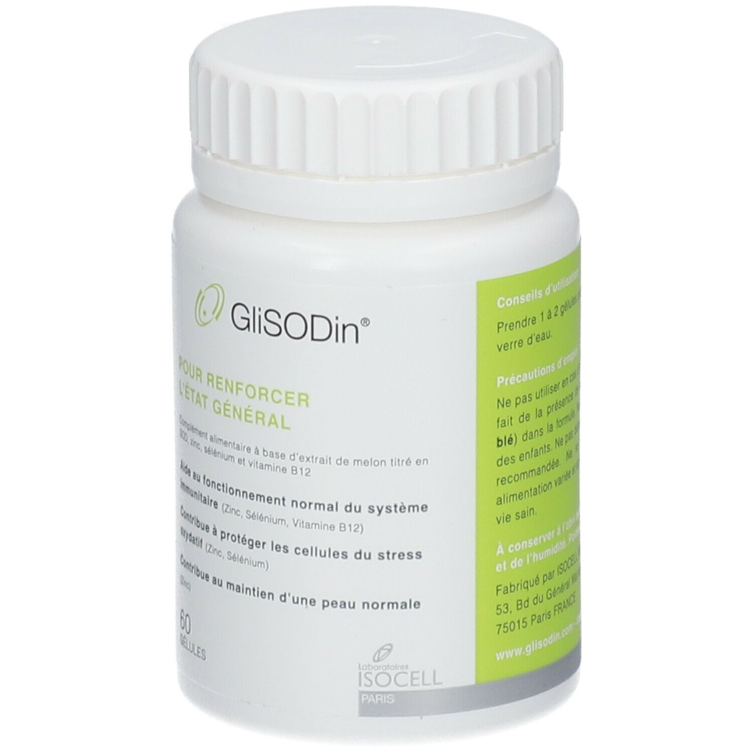 Witte fles GliSODin capsules. Opschrift: POUR RENFORCER L'ETAT GENERAL. 60 capsules. Groene sticker met tekst.
