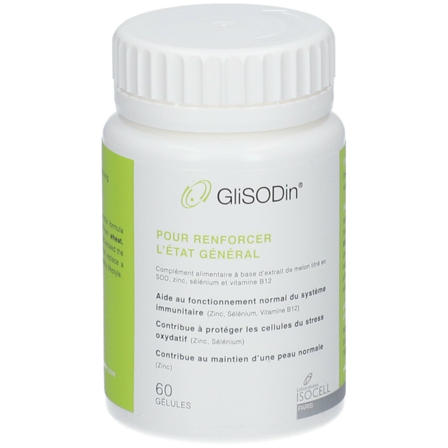 Witte fles GliSODin capsules. Opschrift: POUR RENFORCER L'ETAT GENERAL. 60 capsules. Groene sticker met tekst.