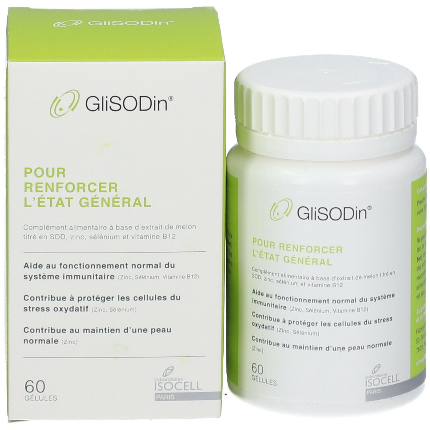 GliSODin productverpakking met fles en doos. Opschrift: POUR RENFORCER L'ETAT GENERAL. 60 capsules. Groene sticker.