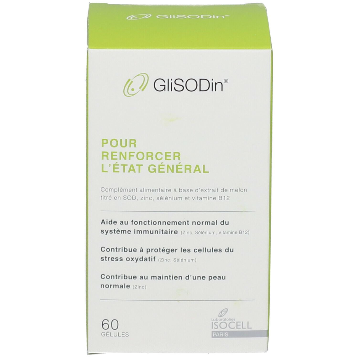 GliSODin doos. Opschrift: POUR RENFORCER L'ETAT GENERAL. 60 capsules. Groene sticker met tekst.