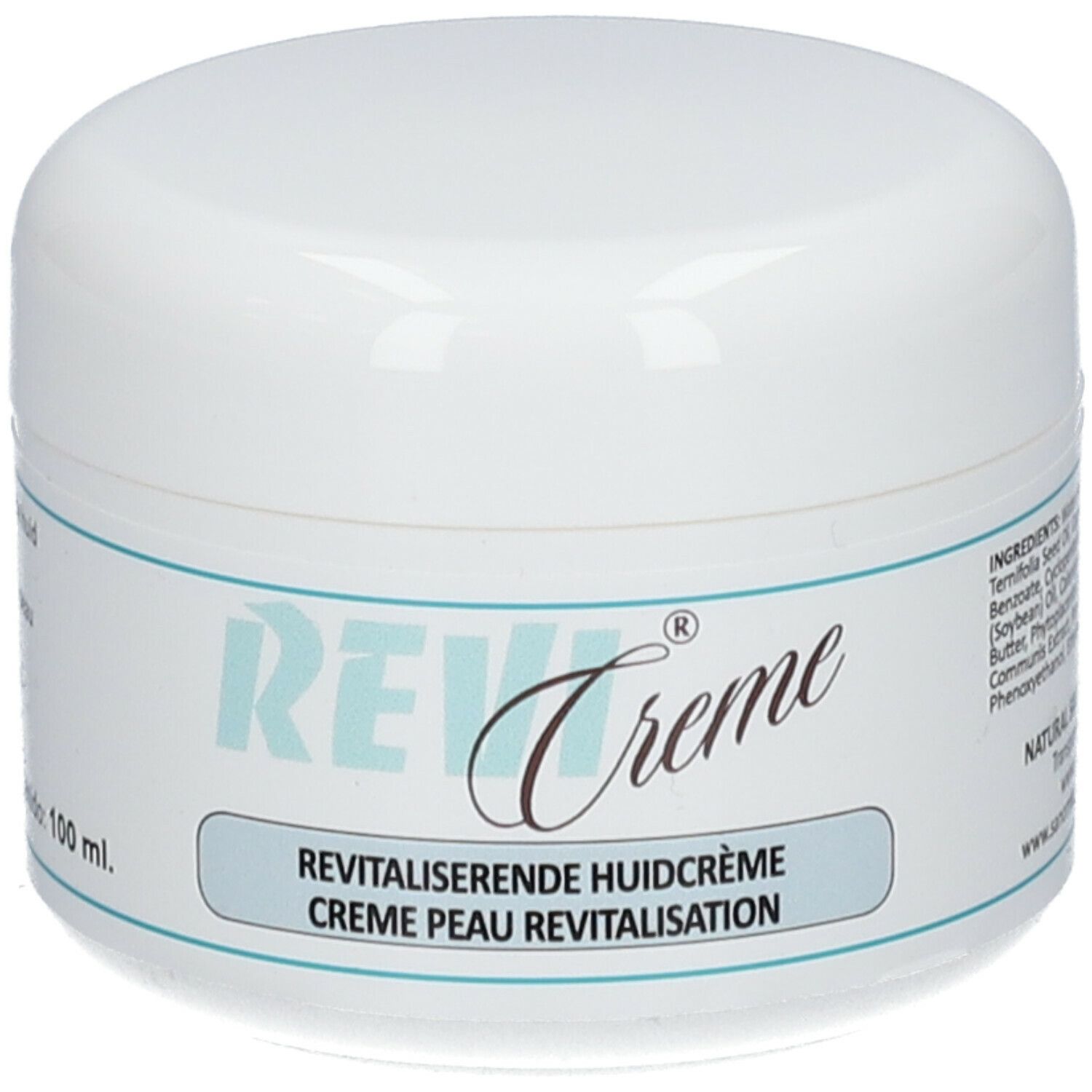 Pot de crème blanc avec étiquette bleue. Inscription: REVI Creme, crème peau revitalisation. Contenu: 100 ml.