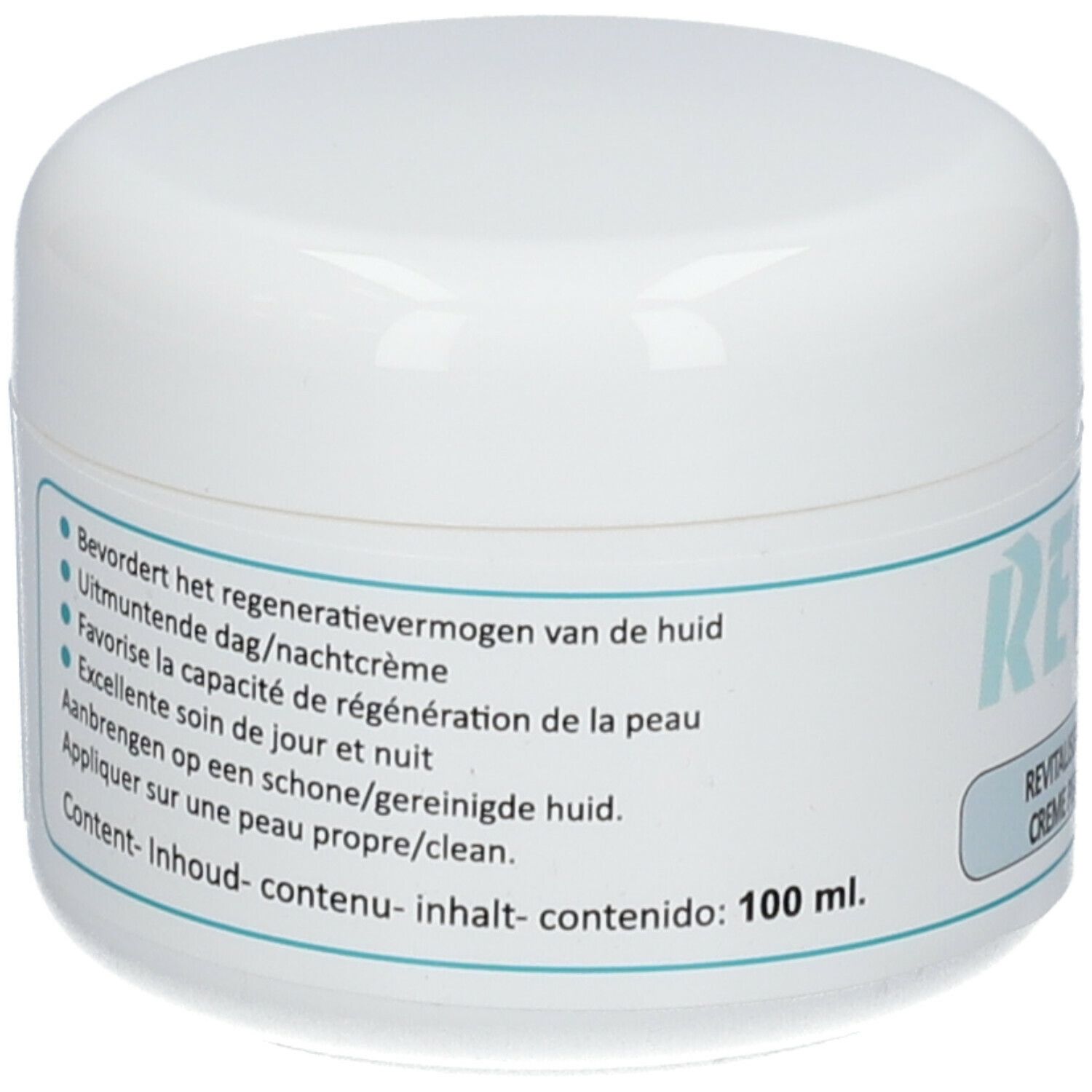 Pot de crème blanc avec étiquette bleue. Texte: Favorise la régénération, excellent soin. Contenu: 100 ml.