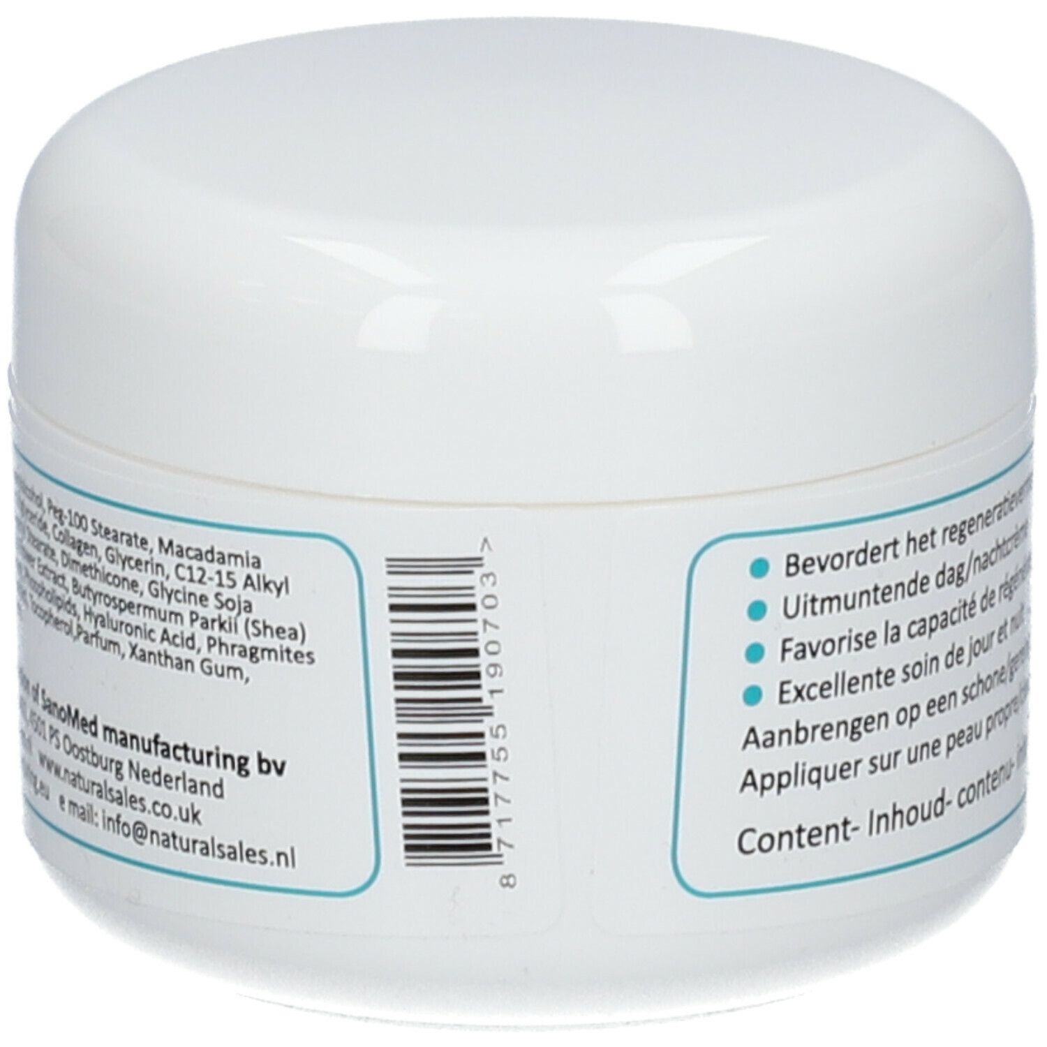 Dos d'un pot de crème blanc. Étiquette avec texte et code-barres. Informations et contact du fabricant.