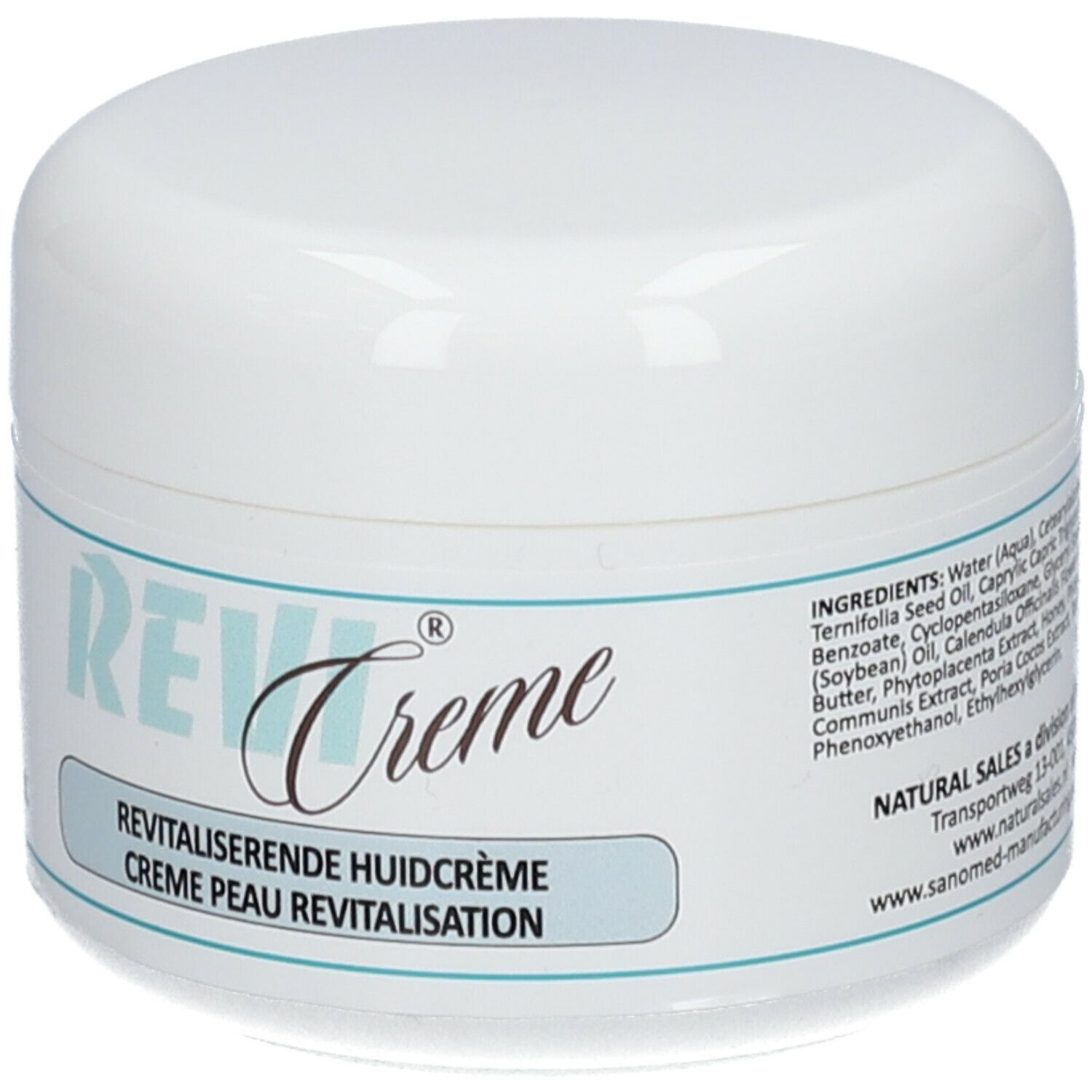 Pot de crème blanc avec étiquette bleue. Inscription: REVI Creme, crème peau revitalisation. Ingrédients.