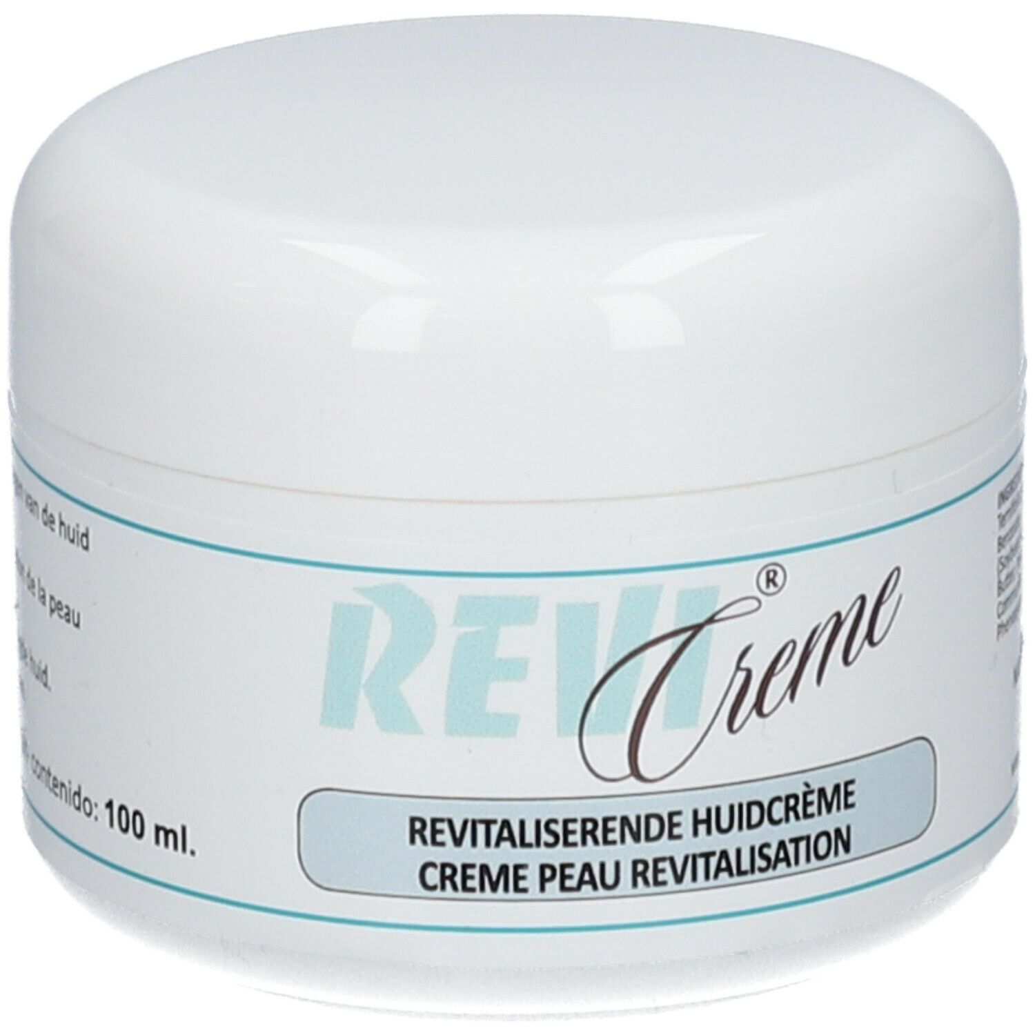 Pot de crème blanc avec étiquette bleue. Inscription: REVI Creme, crème peau revitalisation. Contenu: 100 ml.