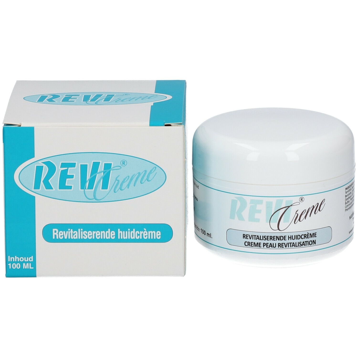 Pot de crème blanc et boîte. Inscription: REVI Creme, crème peau revitalisation. Contenu: 100 ml.