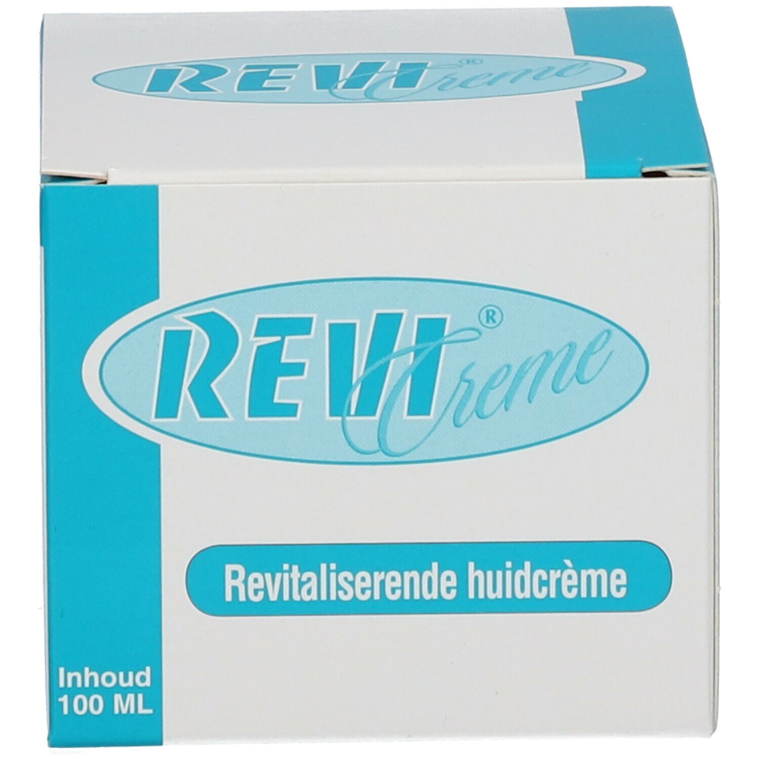 Boîte blanche avec design bleu. Inscription: REVI Creme, crème peau revitalisation. Contenu: 100 ml.