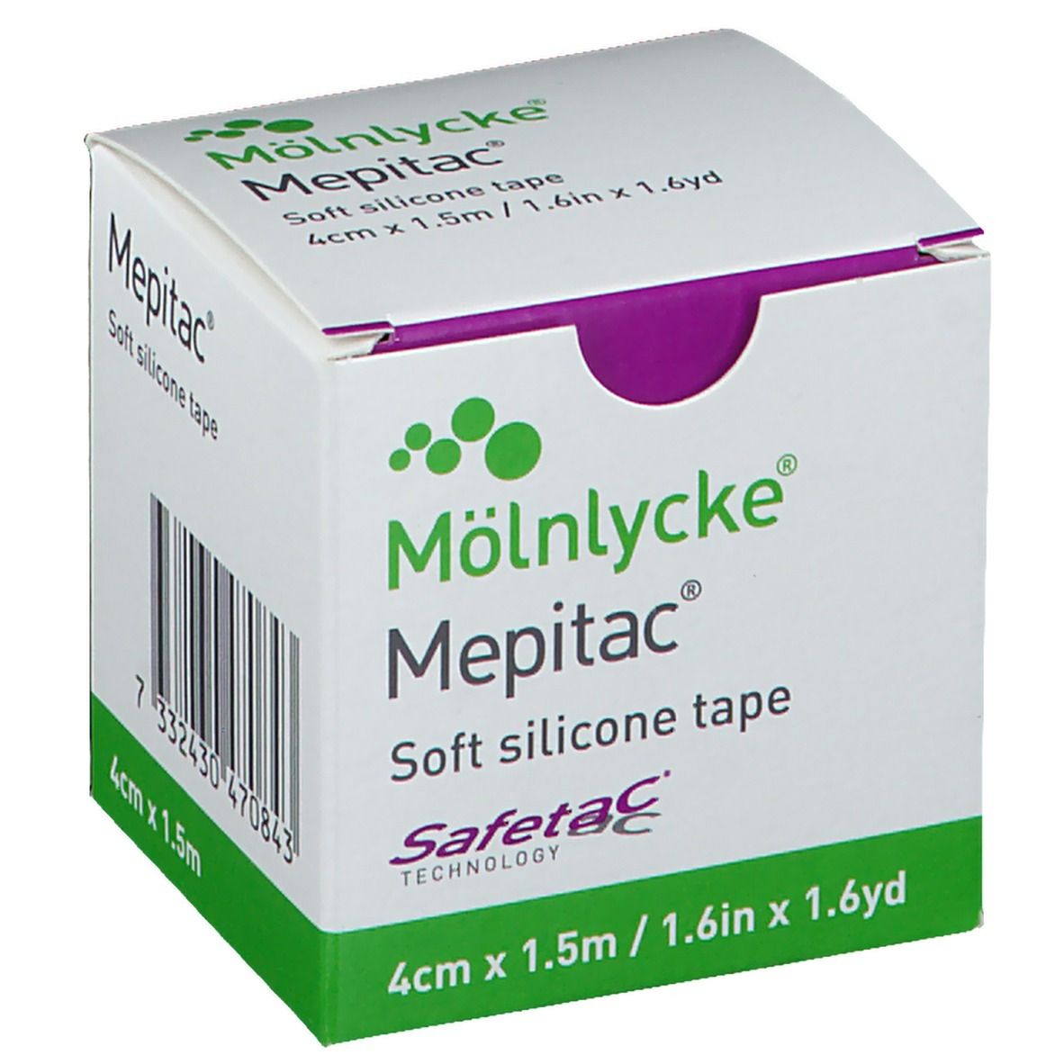 Boîte de Mepitac, ruban de silicone souple, 4 cm x 1,5 m. Emballage blanc et vert avec informations et logo.