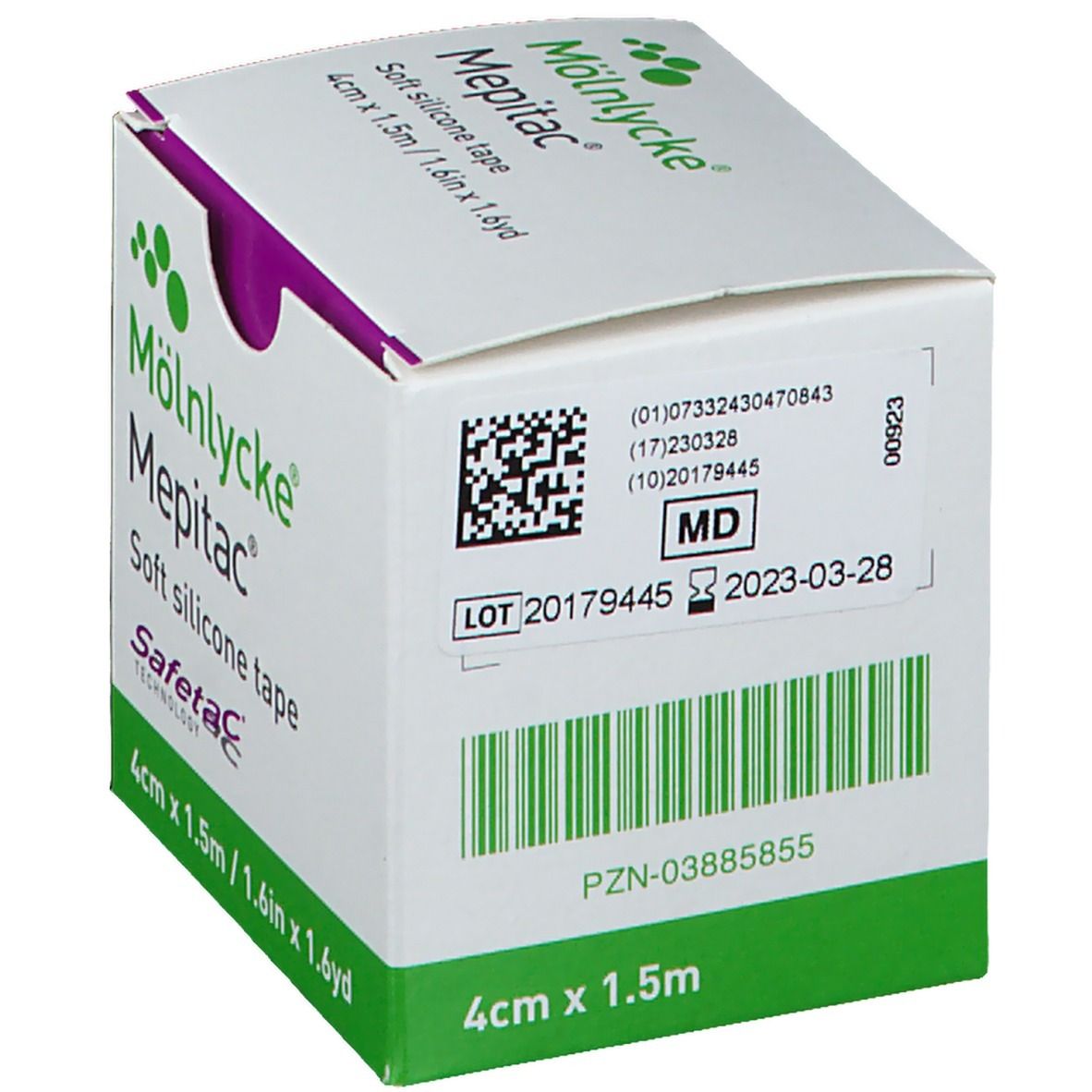 Emballage Mepitac avec code-barres, numéro de lot et date de péremption. Boîte blanche et verte avec informations.