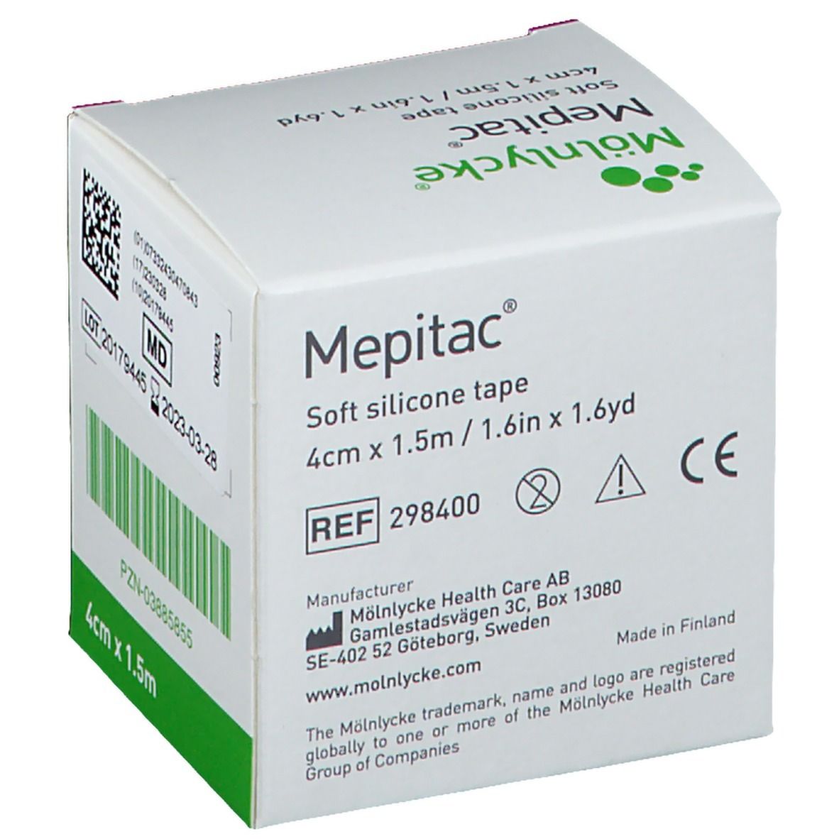Emballage Mepitac avec marquage CE et informations fabricant. Boîte blanche et verte avec informations.