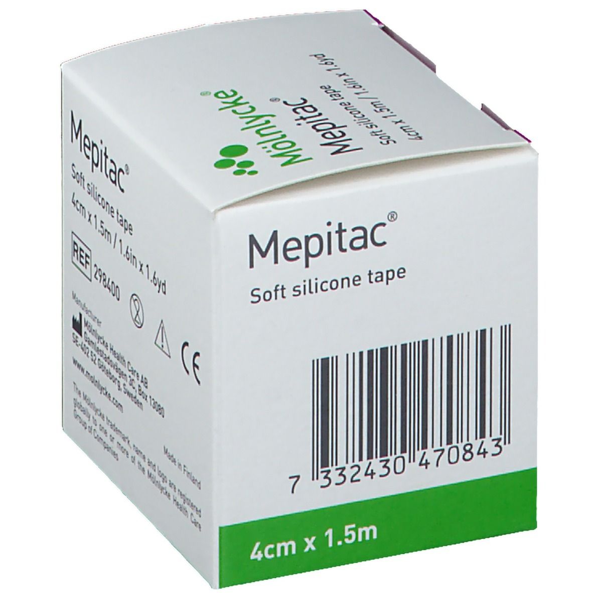 Emballage Mepitac, vue latérale. Boîte blanche et verte avec informations et code-barres.
