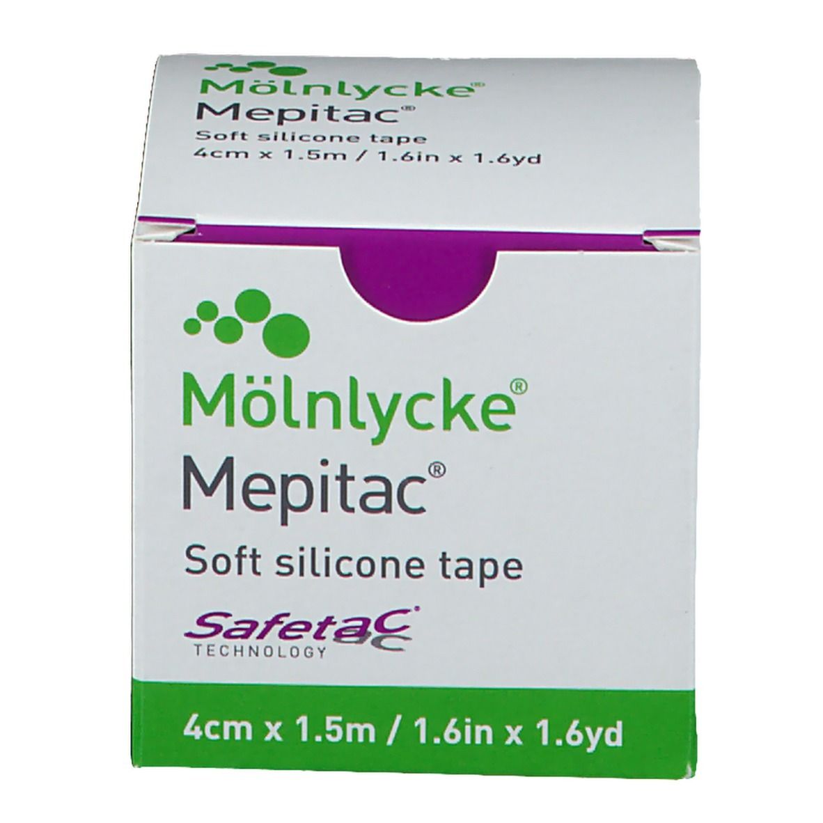 Emballage Mepitac, vue de dessus. Boîte blanche et verte avec informations et logo.