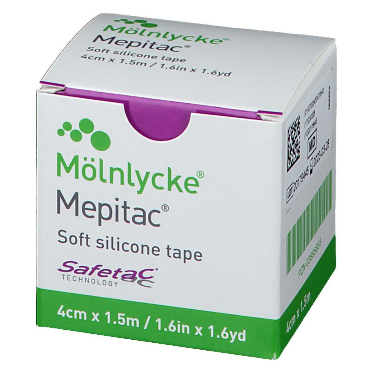 Emballage Mepitac, vue de dessus. Boîte blanche et verte avec informations et code-barres.