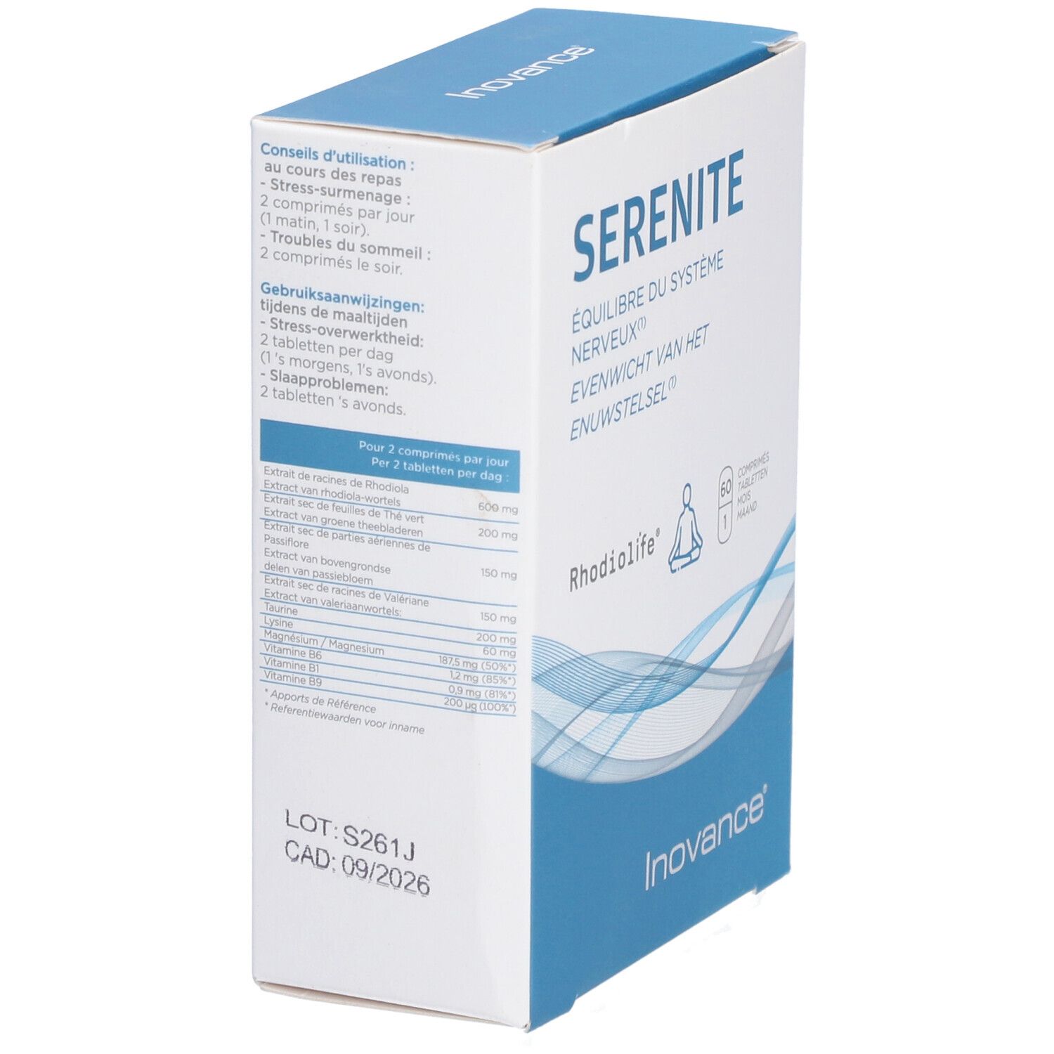 Boîte Inovance Serenity, vue latérale. Texte: Serenite, Équilibre du système nerveux, Evenwicht van het zenuwstelsel. Ingrédients et dosage.