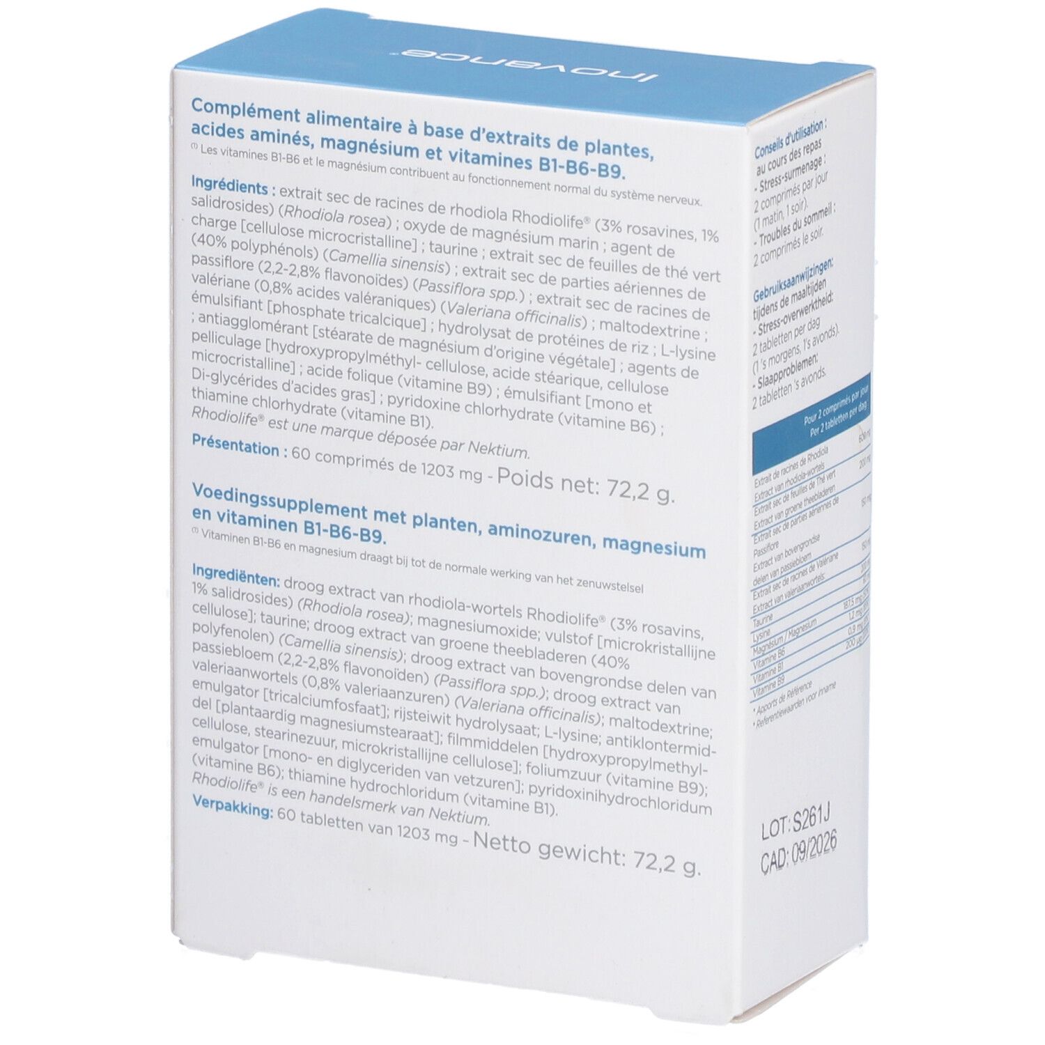 Dos de la boîte Inovance Serenity. Texte: Complément alimentaire à base de plantes, acides aminés, magnésium et vitamines B1-B6-B9.