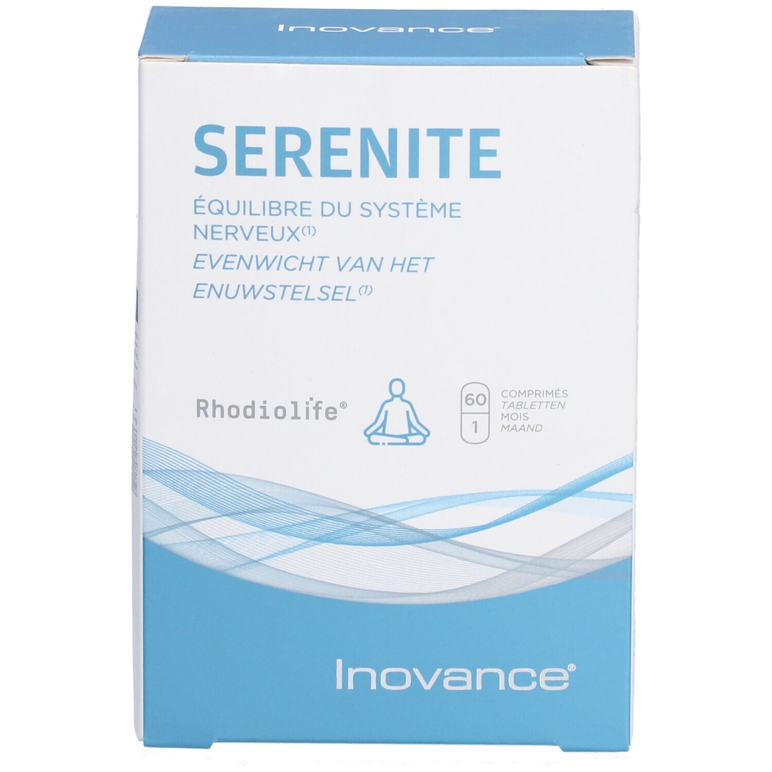 Boîte blanche et bleue Inovance Serenity. Texte: Serenite, Équilibre du système nerveux, Evenwicht van het zenuwstelsel. 60 comprimés.