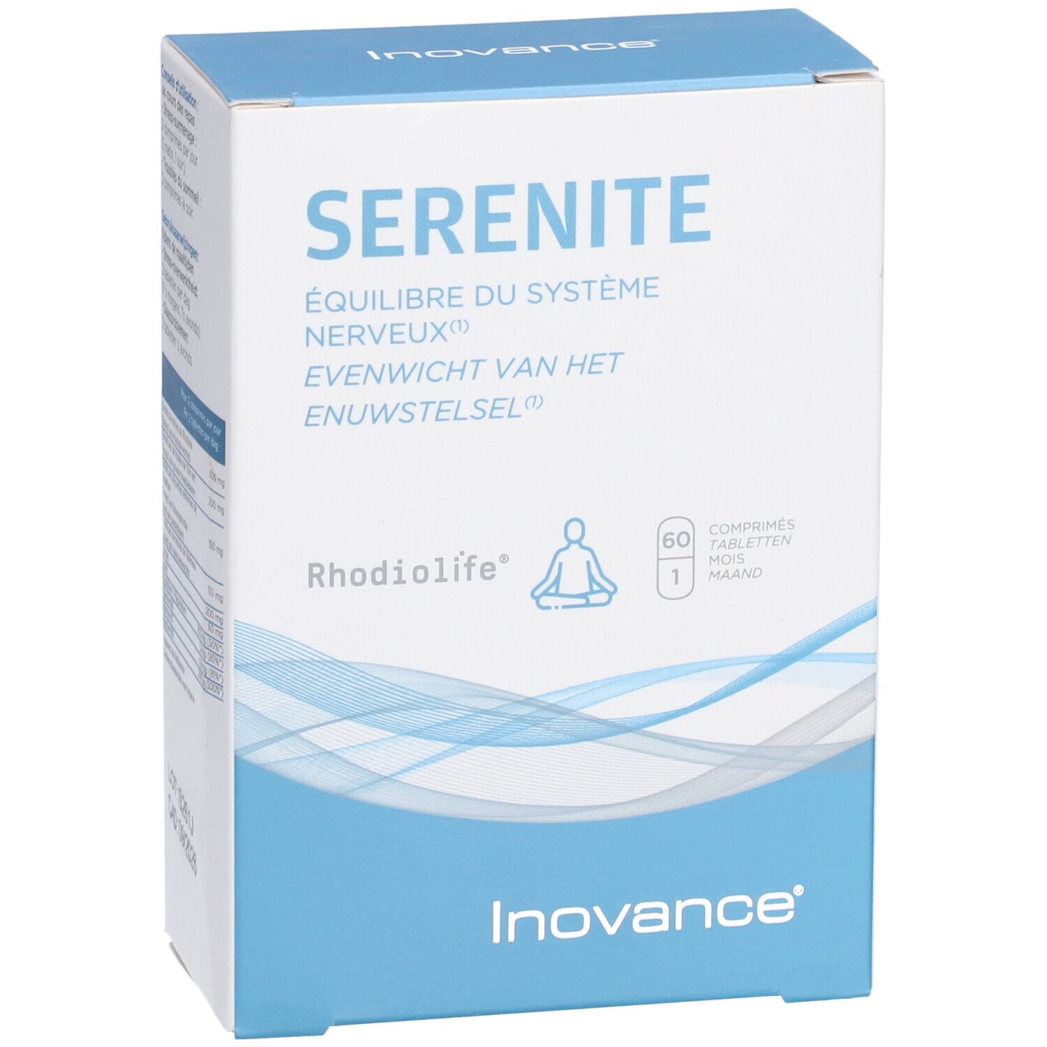 Boîte blanche et bleue Inovance Serenity. Texte: Serenite, Équilibre du système nerveux, Evenwicht van het zenuwstelsel. 60 comprimés.