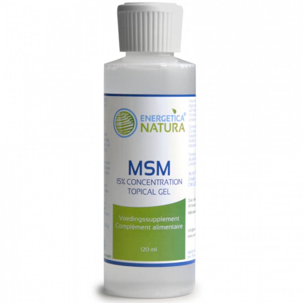 Fles met witte dop. Opschrift: MSM 15% Concentration Topical Gel. Merk: Energetica Natura. 120 ml.