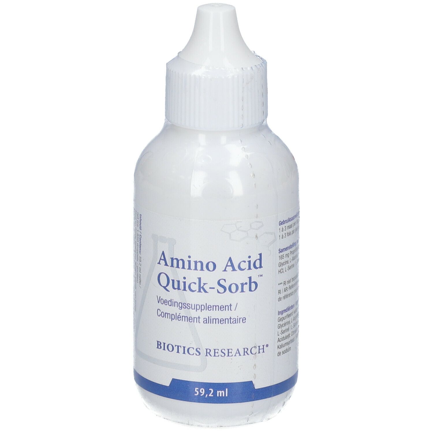Weiße Flasche mit Tropfer. Aufschrift: Amino Acid Quick-Sorb, Voedingssupplement / Complément alimentaire, BIOTICS RESEARCH, 59,2 ml.