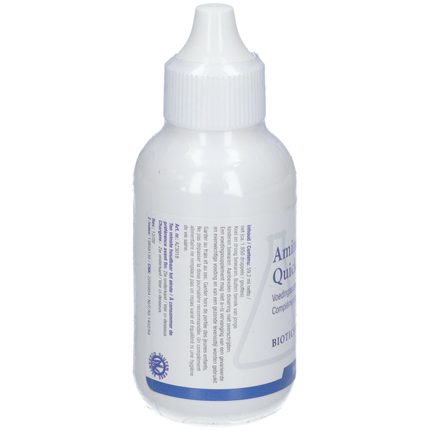 Rückseite der weißen Flasche mit Text. Aufschrift: Amino Acid Quick-Sorb, Voedingssupplement / Complément alimentaire, BIOTICS RESEARCH.